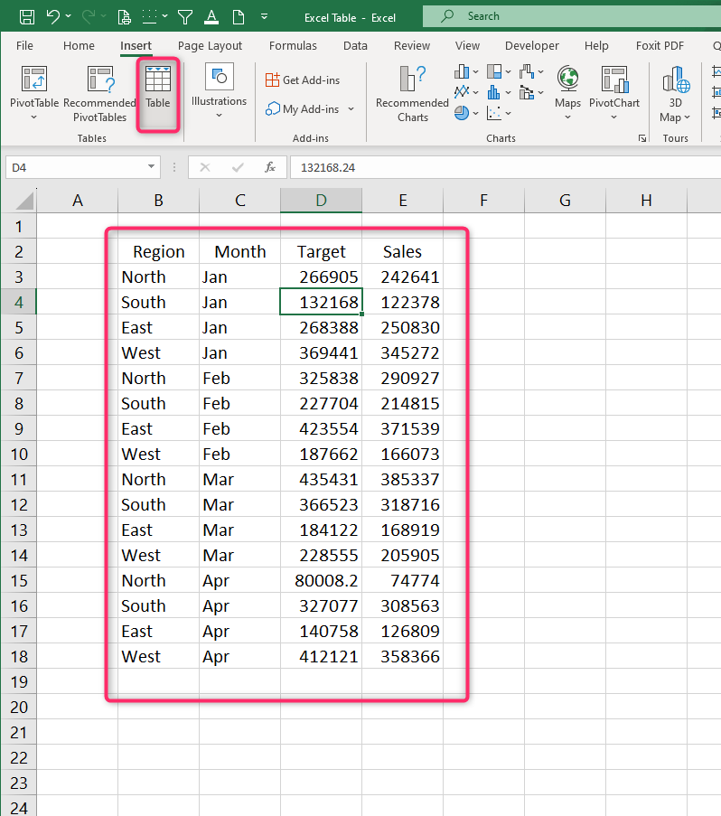 Using Excel Tables